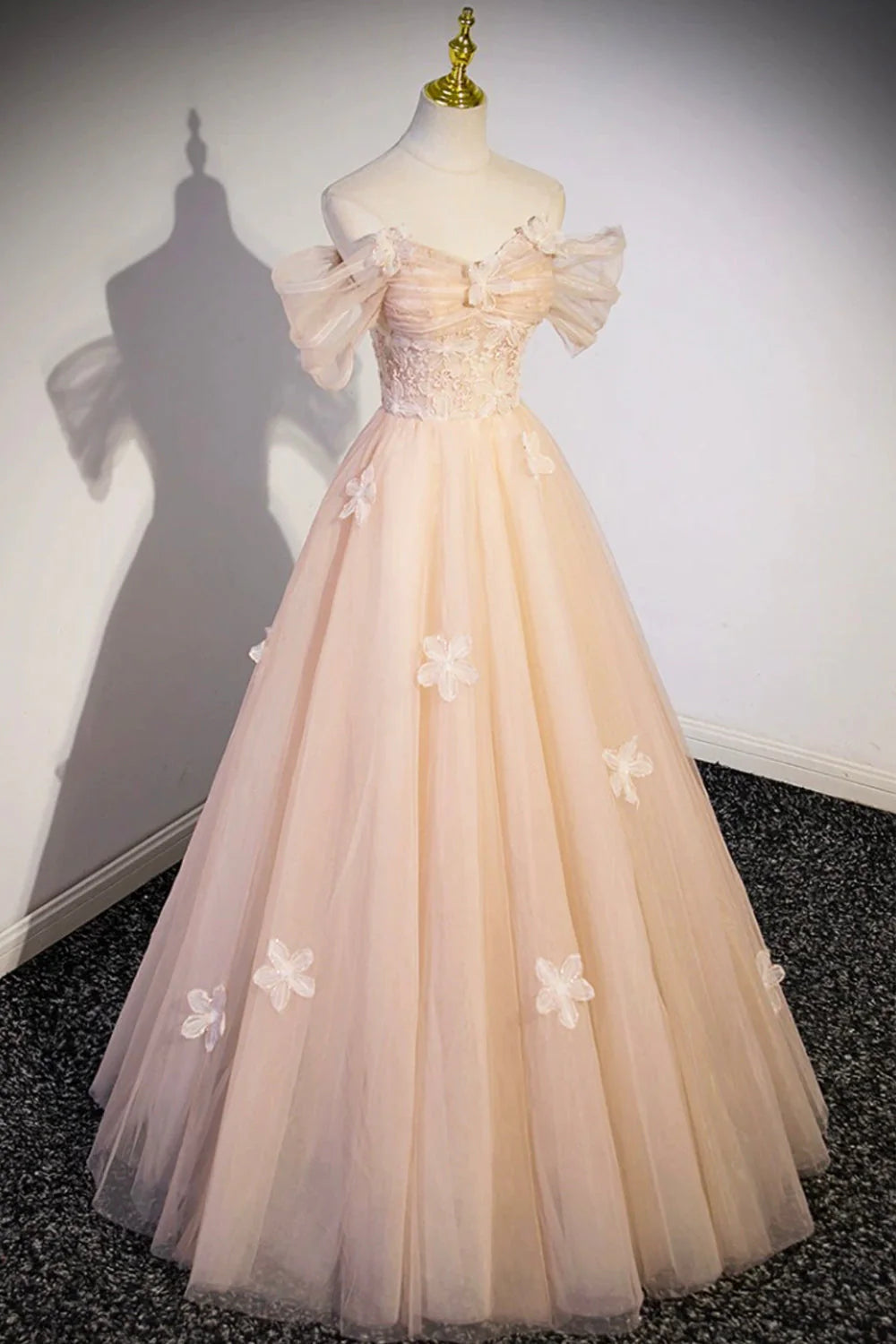 Off Shoulder Flowers Tulle Long Formal Prom Dresses