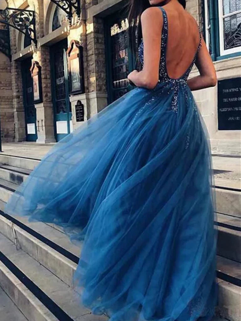 V Neck Backless Tulle Long Prom Dresses with Beaded Long Formal Evening Dresses
