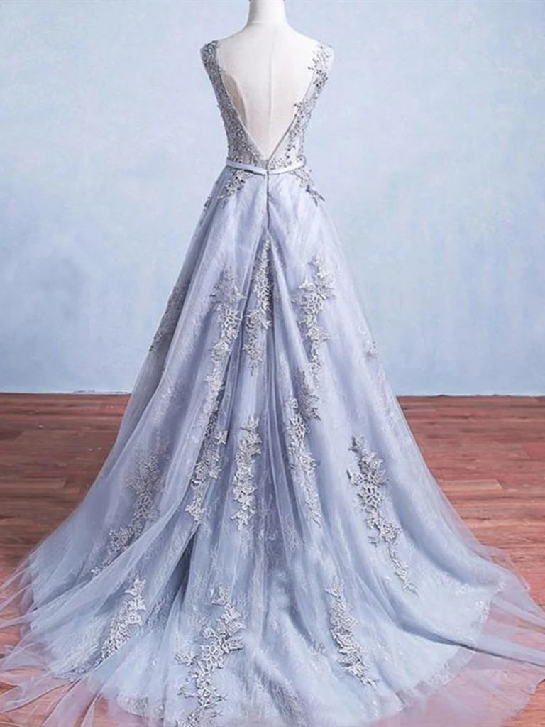 A-line Appliqued Lace Backless Sleeveless Prom Dress Formal Evening Dress