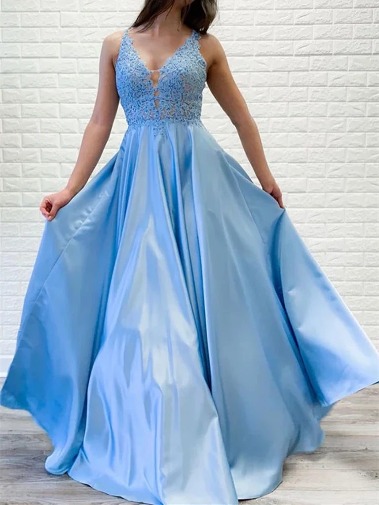 A Line V Neck Lace Long Prom Dresses Long Formal Evening Dresses