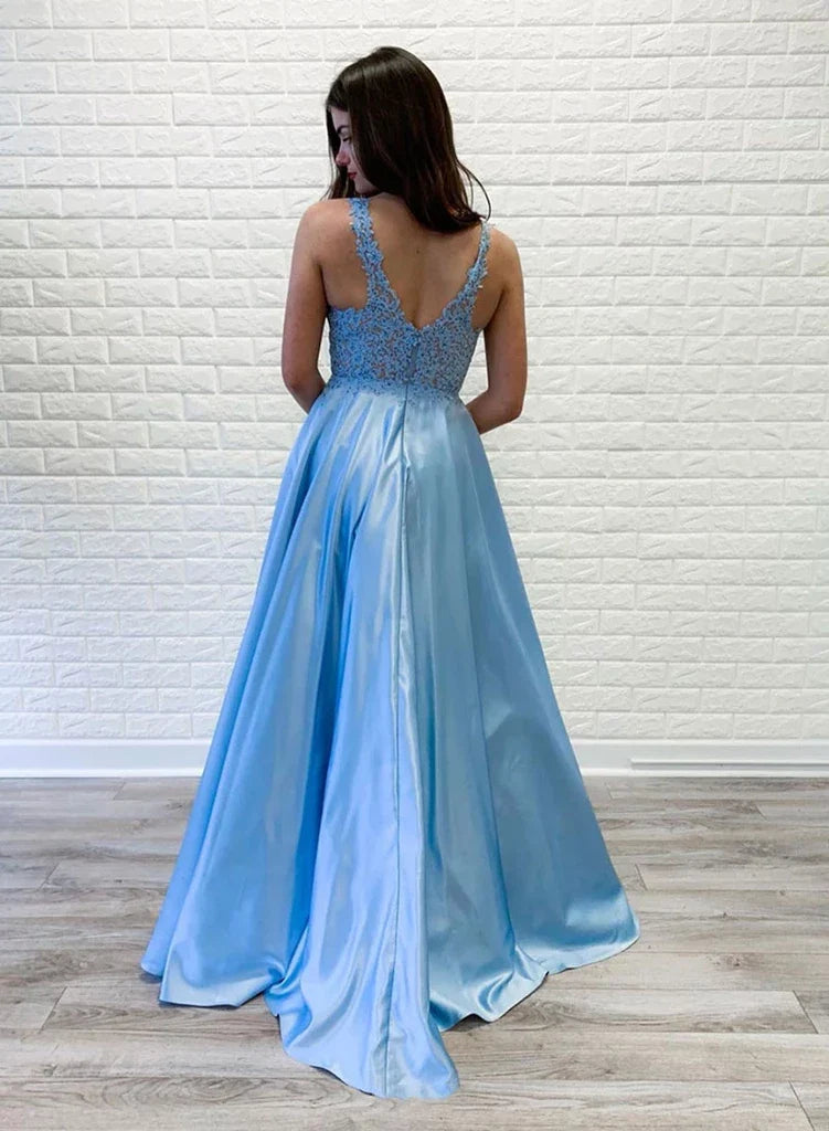 A Line V Neck Lace Long Prom Dresses Long Formal Evening Dresses