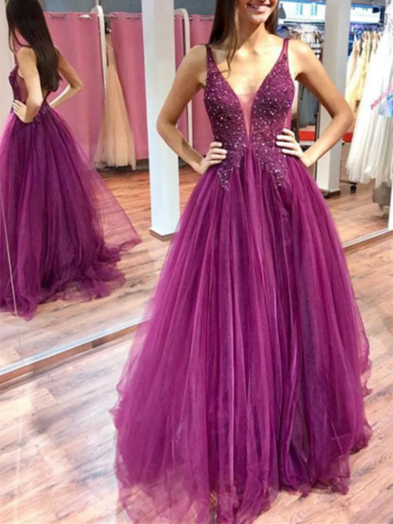 A Line V Neck Tulle Long Prom Dresses With Beaded Long Formal Evening Dresses