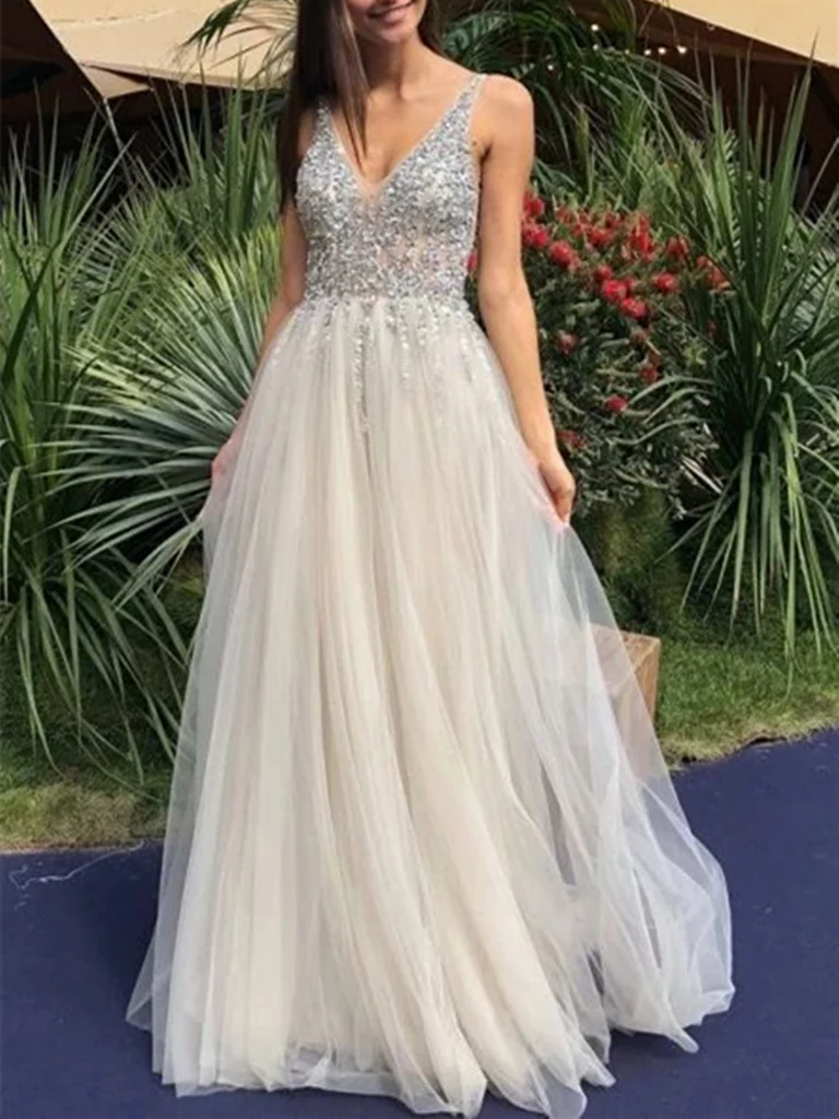 A Line V Neck Backless Tulle Beaded Long Prom Dresses Formal Evening Dresses