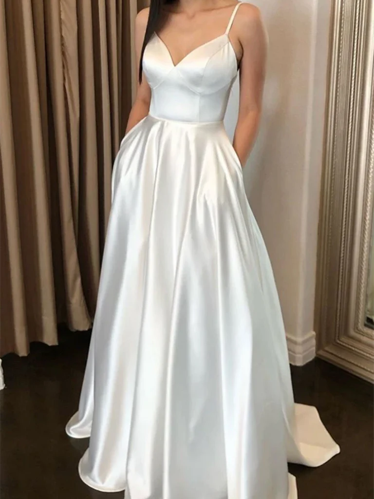 A-line V Neck Satin Long Prom Dresses Long Formal Evening Dresses