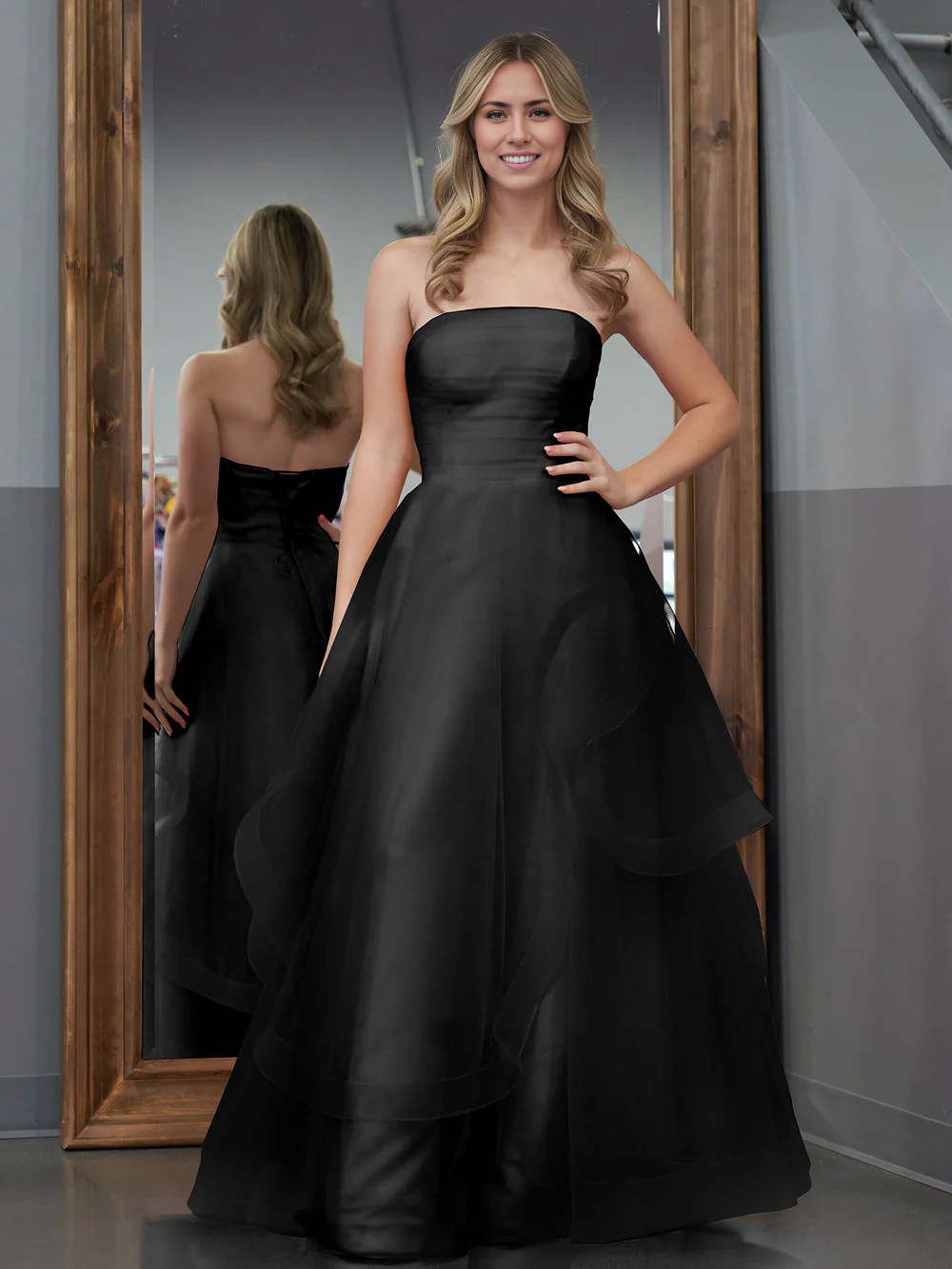 A Line Strapless Organza Prom Dress