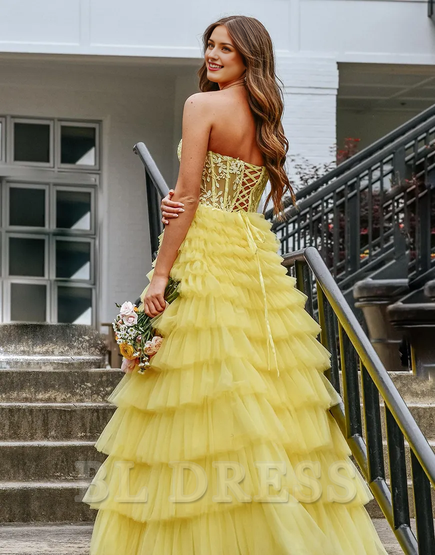 A-Line Strapless Corset Tiered Long Yellow formal dresses evening gown Prom Dress with Appliques