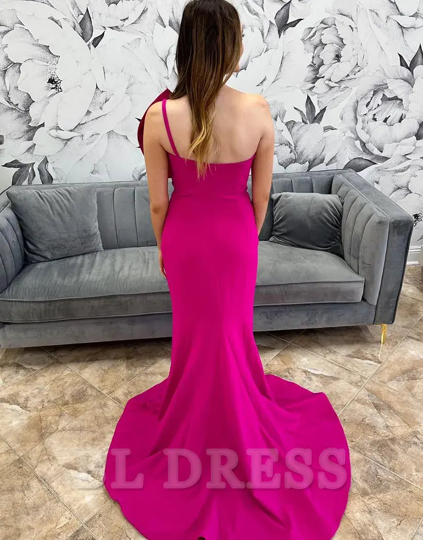 Mermaid Asymmetrical Satin Fuchsia Long formal dresses Bridesmaid Dresses evening gown Prom Dress with Bow