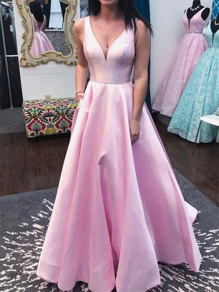 A Line V Neck Satin Long Prom Dresses