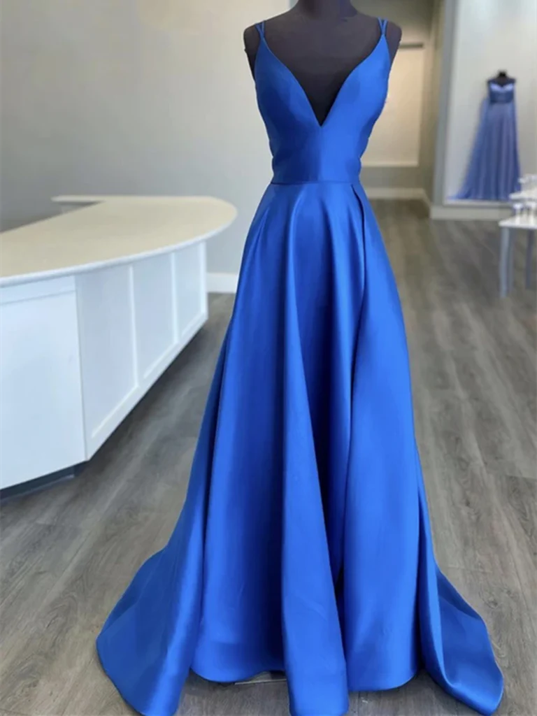 A Line V Neck Satin Long Prom Dresses