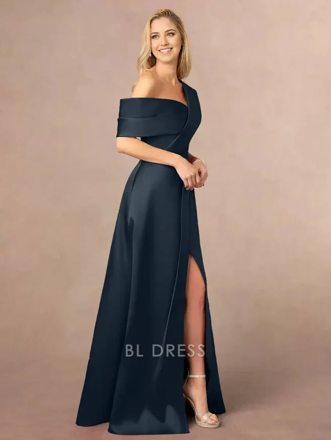 A-Line One-Shoulder Short Sleeves Split Front Floor-Length Wedding Guest Dresses Mother Of The Bride