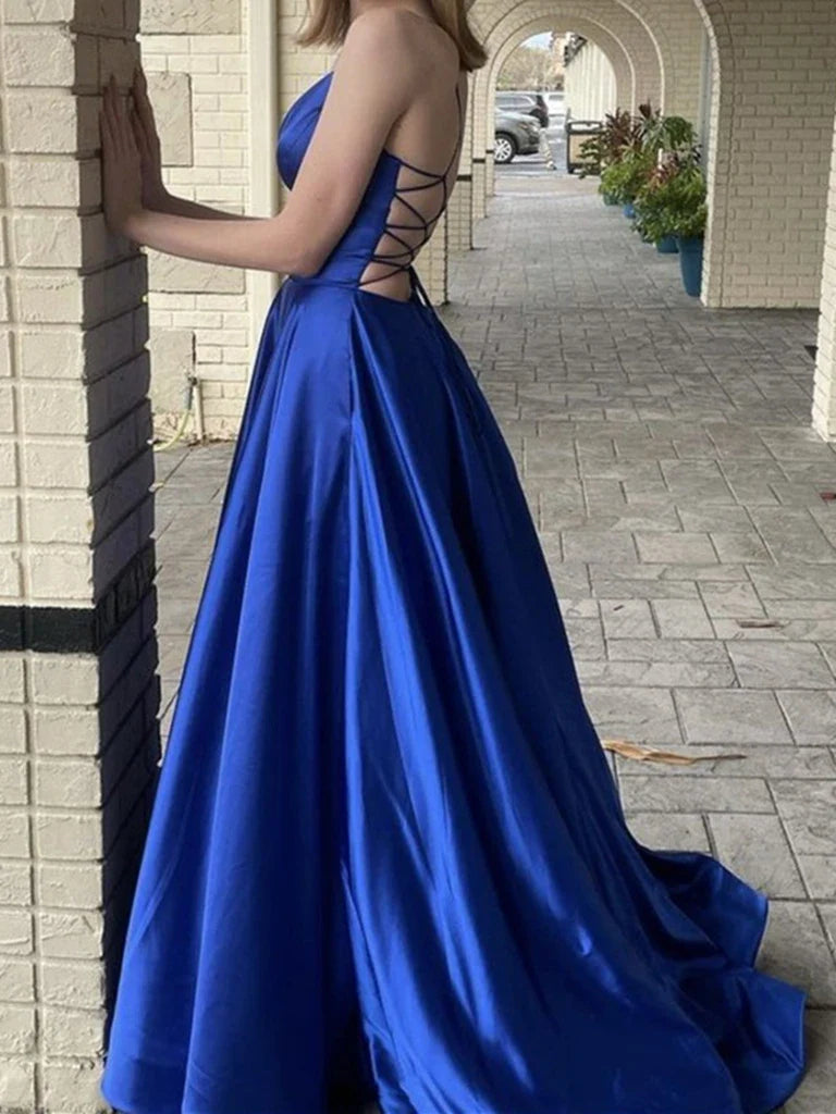 V Neck Backless Long Prom Dresses