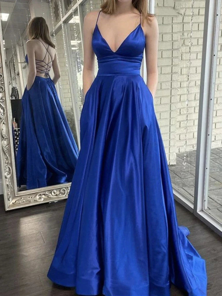 V Neck Backless Long Prom Dresses
