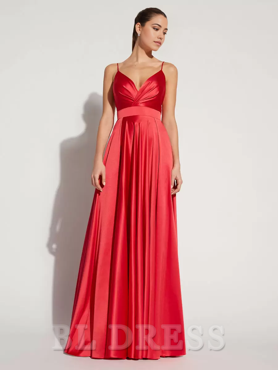 A-Line V-Neck Satin Floor-Length formal dresses Bridesmaid Dresses evening gown Prom Dress