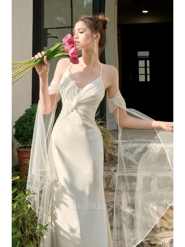 Mermaid Spaghetti Straps White Long formal dresses Bridesmaid Dresses evening gown Prom Dress