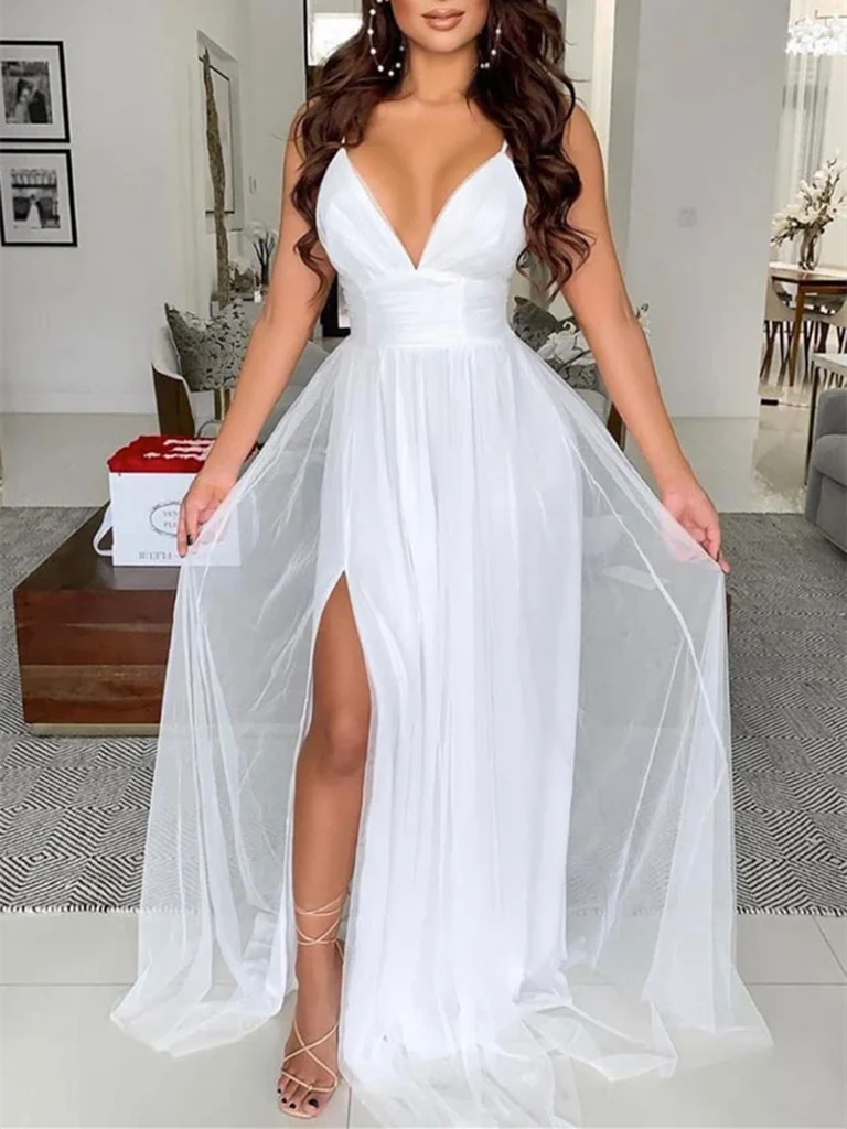 A-Linie V-Ausschnitt Tüll Lange Ballkleider