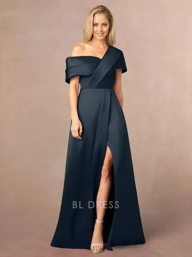 A-Line One-Shoulder Short Sleeves Split Front Floor-Length Wedding Guest Dresses Mother Of The Bride