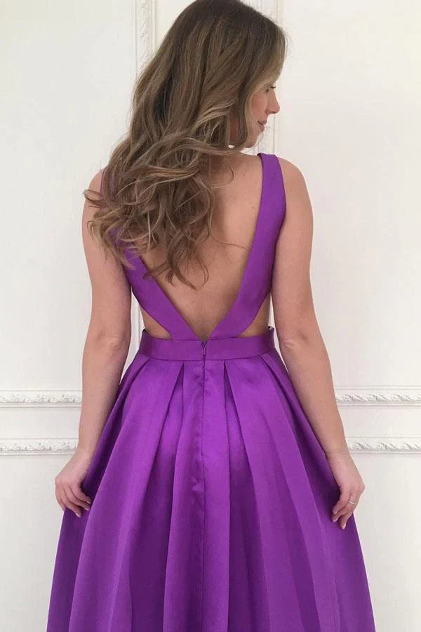 A-line V-neck Simple Satin Long Prom Dresses Bridesmaid Dress