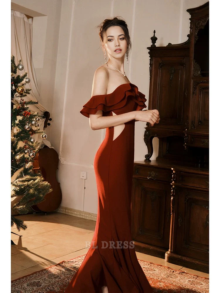 Mermaid Off The Shoulder Burgundy Satin Long formal dresses Bridesmaid Dresses evening gown Prom Dress