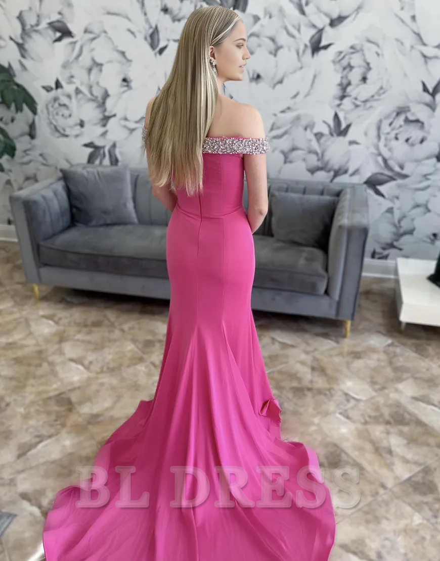 Mermaid Sparkly Off the Shoulder Rhinestones Fuchsia Long formal dresses Bridesmaid Dresses evening gown Prom Dress with Slit