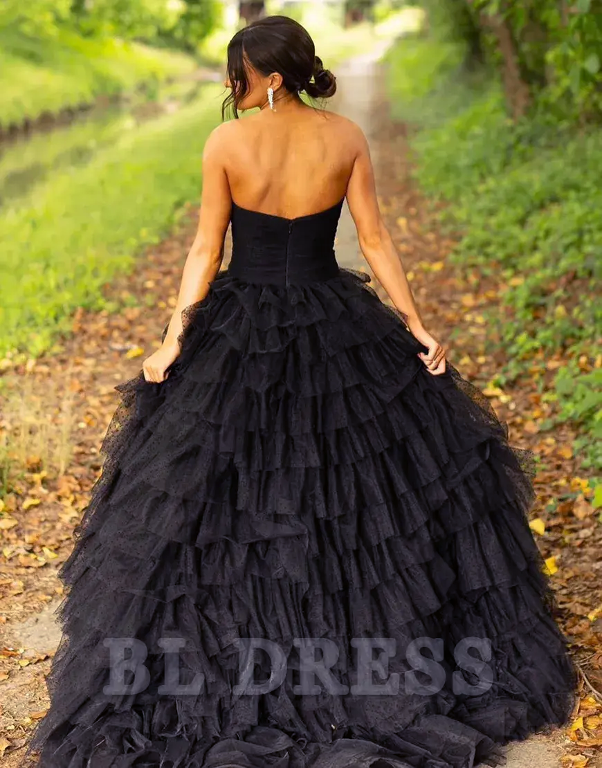 A-Line Strapless Tiered Tulle Black Long formal dresses evening gown Prom Dress with Slit