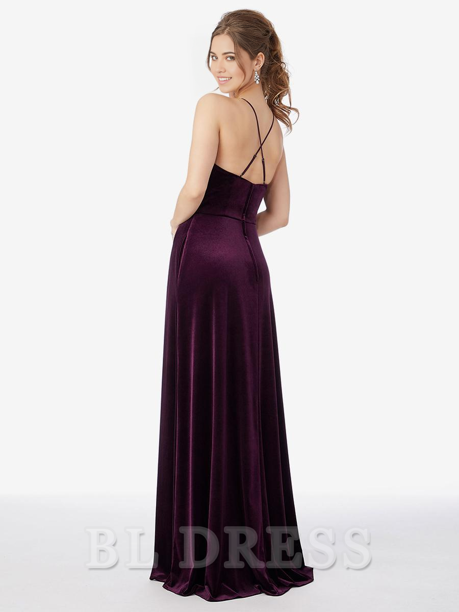 Sheath Spaghetti Straps Velvet Floor-Length formal dresses Bridesmaid Dresses evening gown Prom Dress