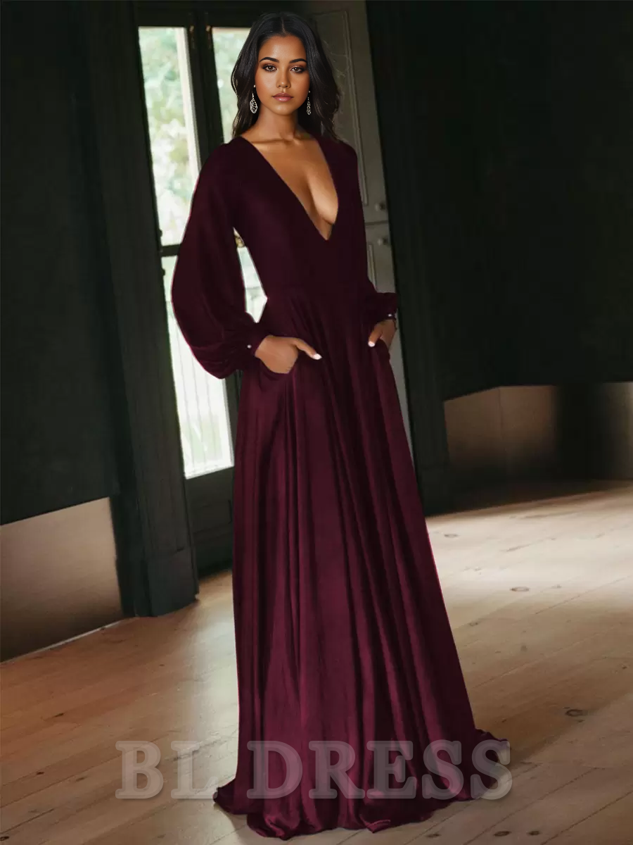 A-Line Long Sleeves Cut Out Satin Court Train formal dresses Bridesmaid Dresses evening gown Prom Dress