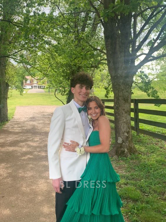 A-line Strapless Ruffle Multi-Layer Green Long formal dresses Bridesmaid Dresses evening gown Prom Dress