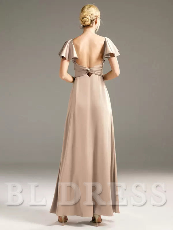A-Line Floor-Length Backless Satin formal dresses Bridesmaid Dresses evening gown Prom Dress