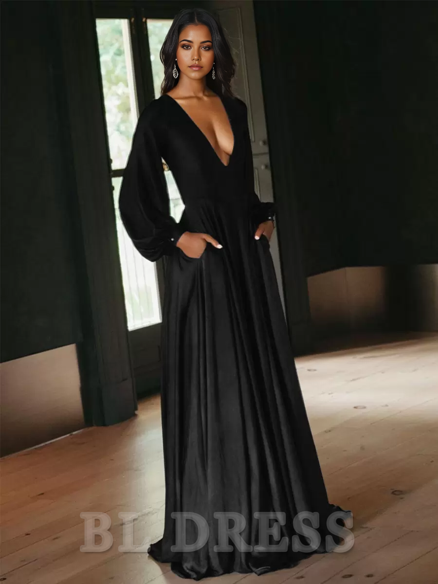 A-Line Long Sleeves Cut Out Satin Court Train formal dresses Bridesmaid Dresses evening gown Prom Dress