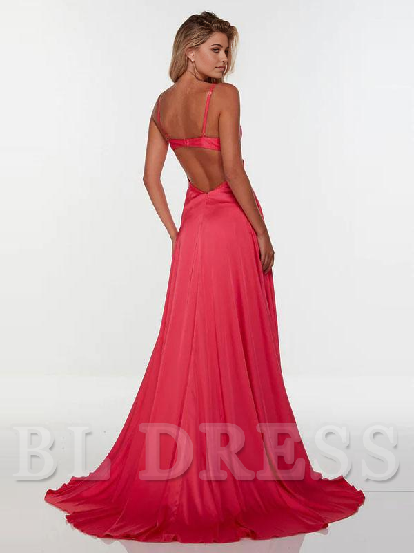 A-Line V-Neck Satin Sleeveless Split Front formal dresses Bridesmaid Dresses evening gown Prom Dress