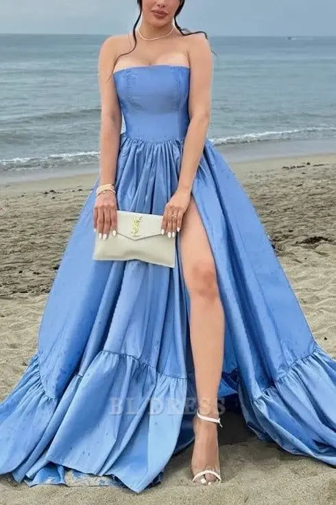 A Line Strapless formal dresses Bridesmaid Dresses evening gown Prom Dress With Split