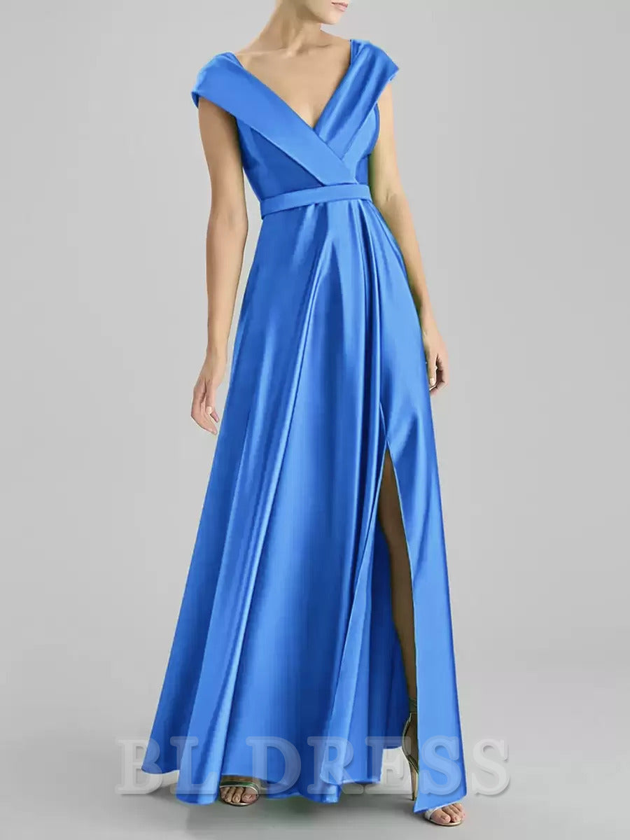 A-Line V-Neck Floor-Length Sleeveless Satin formal dresses Bridesmaid Dresses evening gown Prom Dress