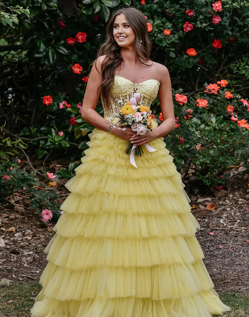 A-Line Strapless Corset Tiered Long Yellow formal dresses evening gown Prom Dress with Appliques