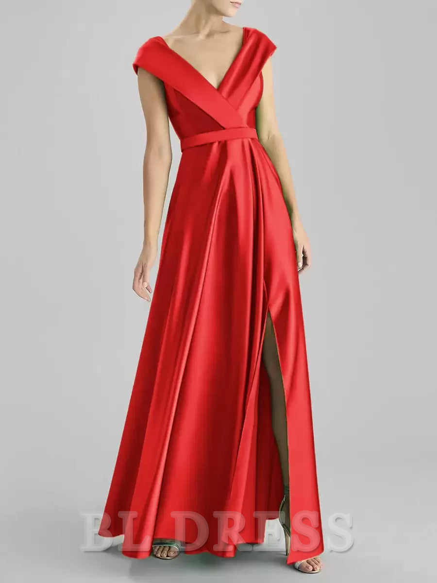 A-Line V-Neck Floor-Length Sleeveless Satin formal dresses Bridesmaid Dresses evening gown Prom Dress