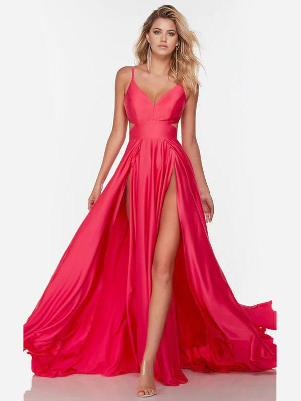 A-Line V-Neck Satin Sleeveless Split Front formal dresses Bridesmaid Dresses evening gown Prom Dress
