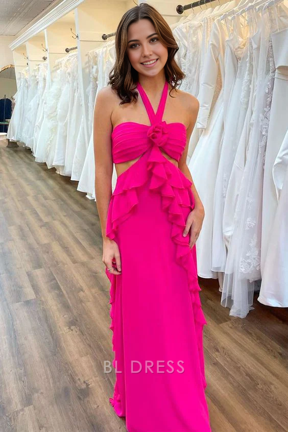 A-line Halter Cut Out Ruffle Hot Pink Long formal dresses Bridesmaid Dresses evening gown Prom Dress