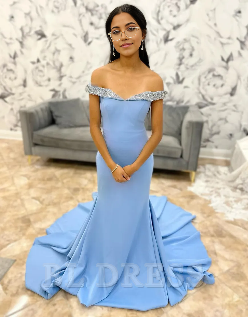 Mermaid Sparkly Beaded Off the Shoulder Red Long formal dresses Bridesmaid Dresses evening gown Prom Dress