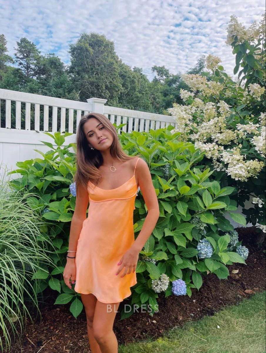 Cute Spaghetti Straps Orange Back Homecoming Dress formal dresses Bridesmaid Dresses evening gown Prom Dress