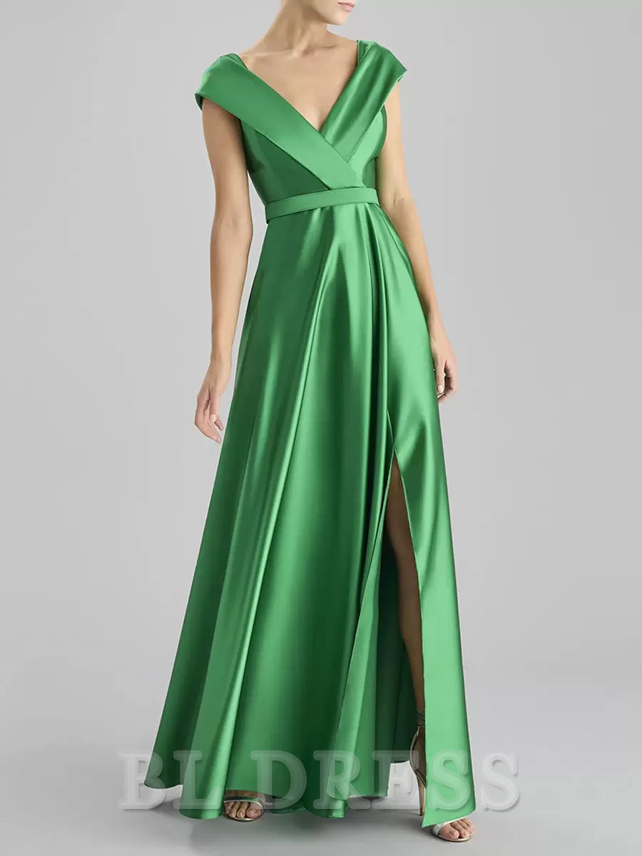 A-Line V-Neck Floor-Length Sleeveless Satin formal dresses Bridesmaid Dresses evening gown Prom Dress