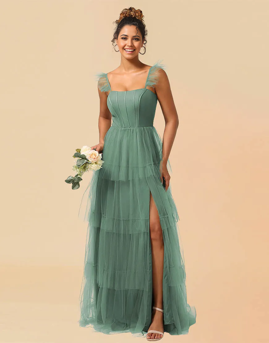 A-Line Detachable Straps Lace Up Tulle formal dresses Bridesmaid Dresses evening gown Prom Dress With Split