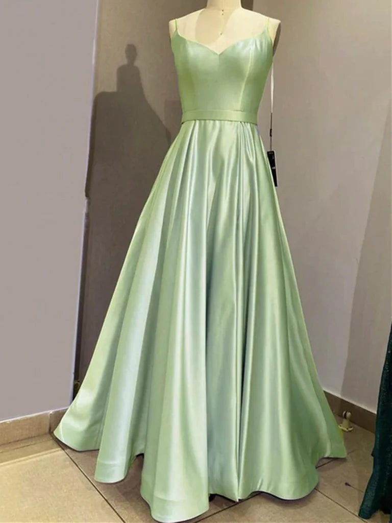 A Line V Neck Satin Long Prom Dresses