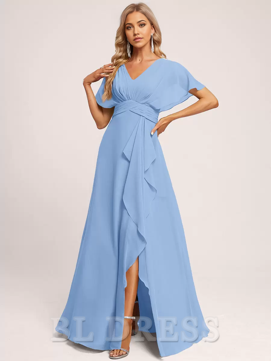 A-line V-Neck Floor-Length Zipper Chiffon formal dresses Bridesmaid Dresses evening gown Prom Dress