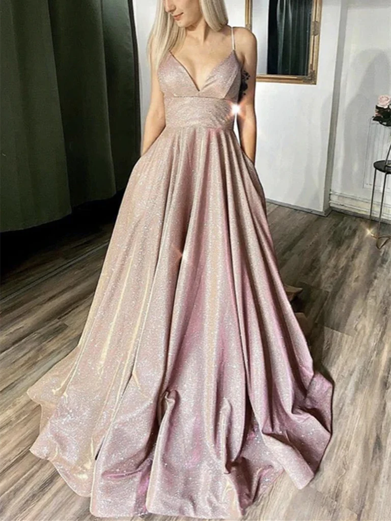 Shiny V Neck Open Back Long Prom Dresses
