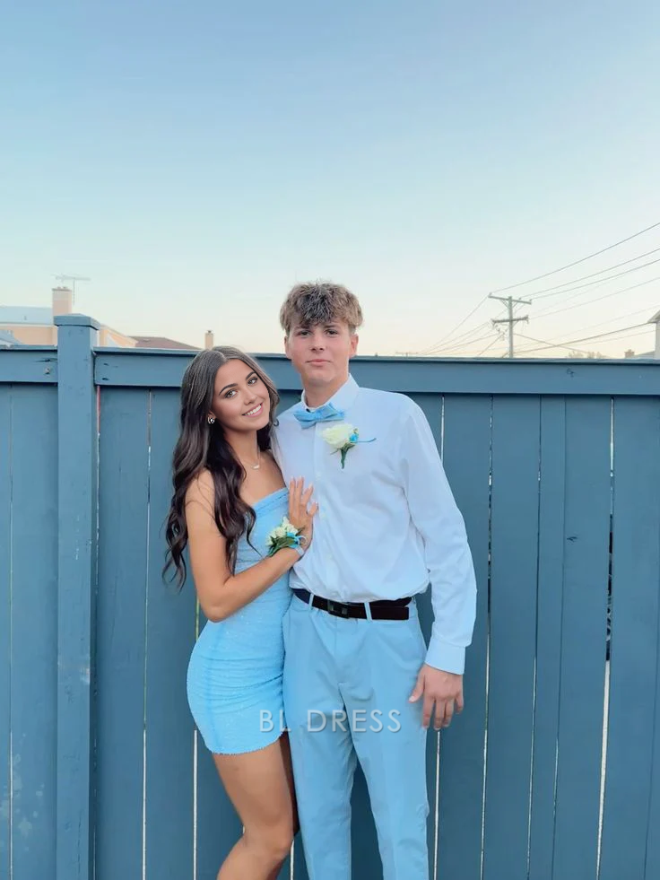 Etuikleid Trägerlos Blau Kurze Abendkleider Brautjungfernkleider Abendkleid Ballkleid Homecoming-Kleid