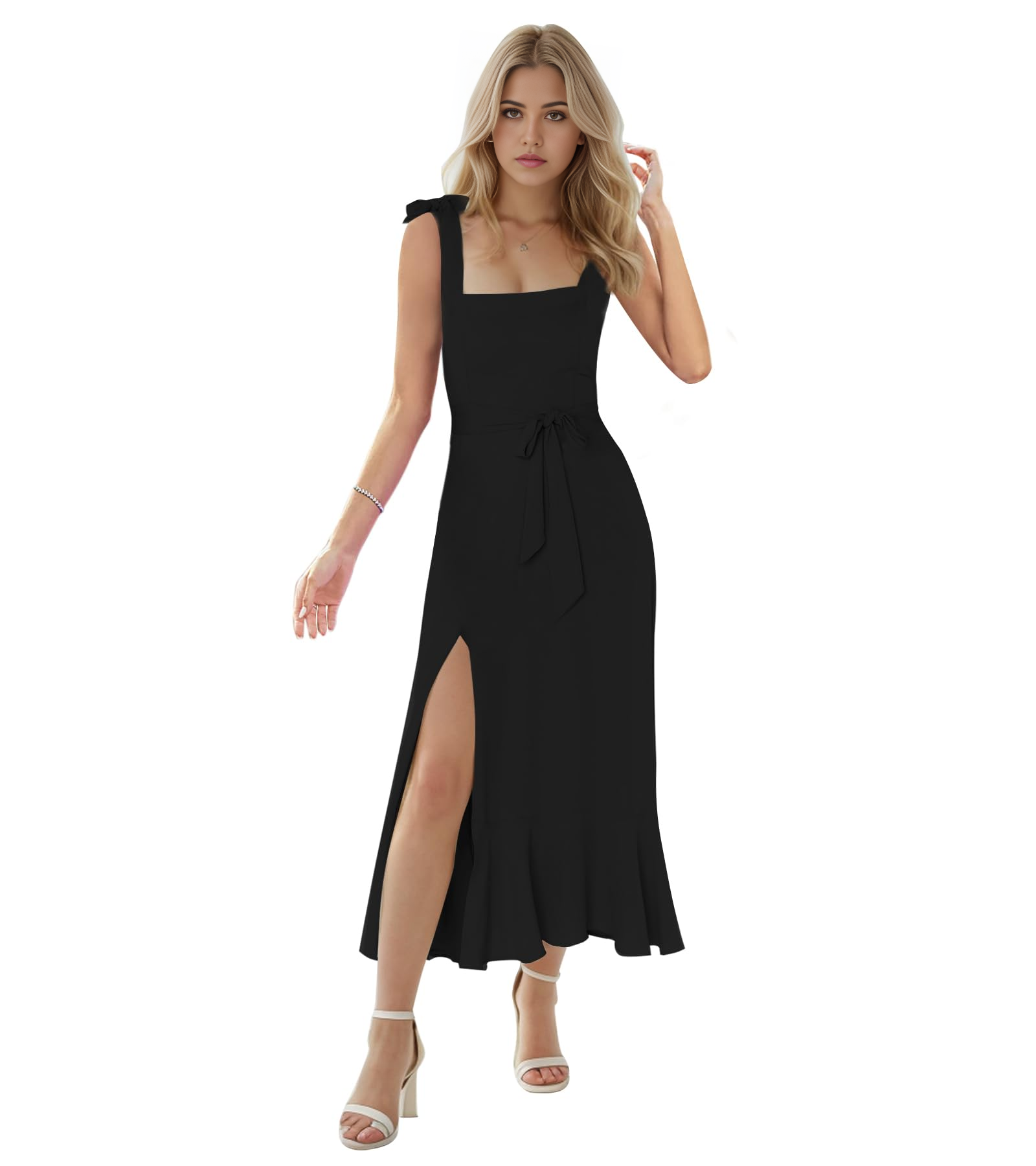 A-line Neck Ruffle formal dresses Bridesmaid Dresses evening gown Prom Dress With Side Slit