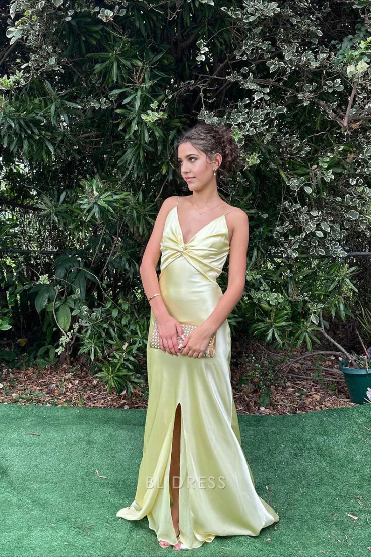 Mermaid V Neck Yellow Satin formal dresses Bridesmaid Dresses evening gown Prom Dress