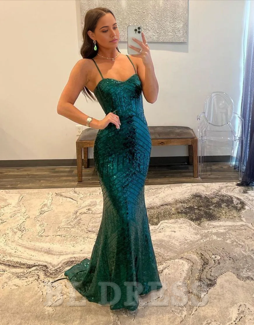 Mermaid Spaghetti Straps Long Sequin formal dresses evening gown Prom Dress