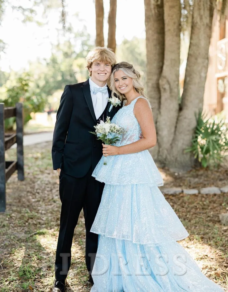 A-Line One Shoulder Layered formal dresses evening gown Prom Dress With Split