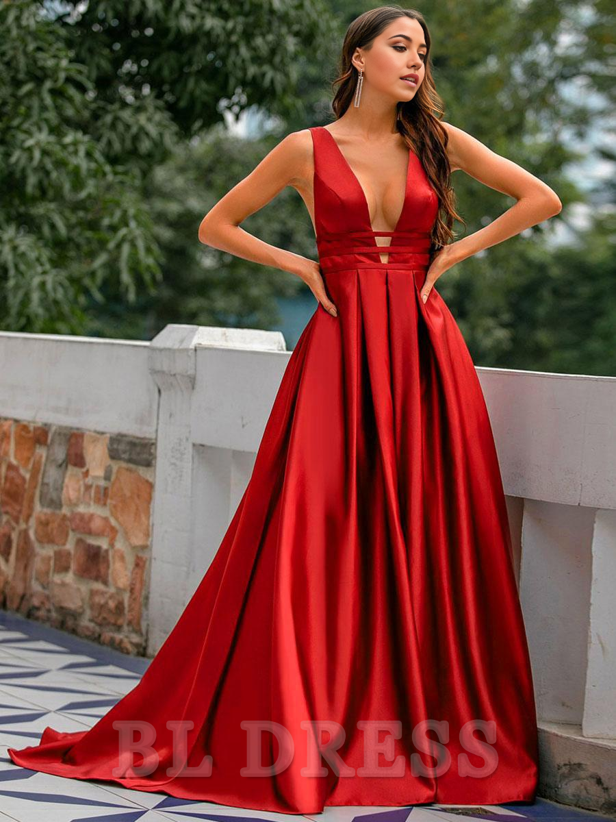 A-Line V-Neck Backless Satin formal dresses Bridesmaid Dresses evening gown Prom Dress