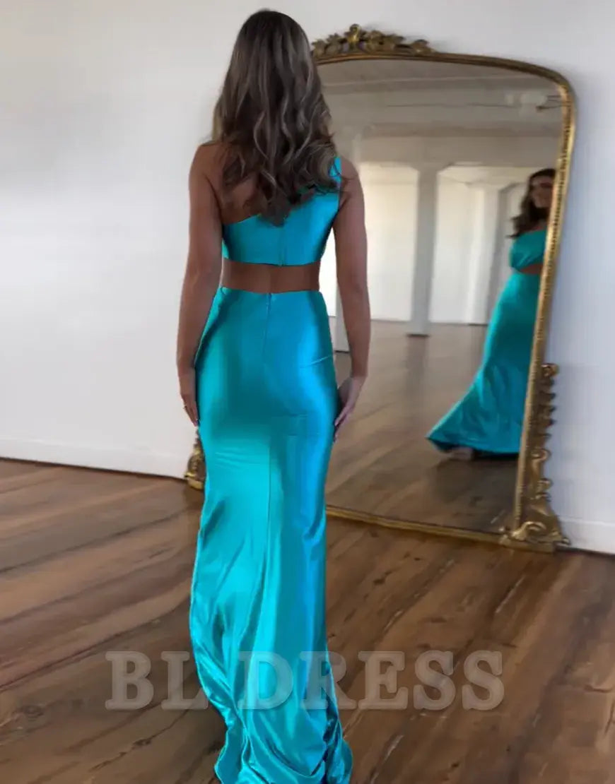 Mermaid One Shoulder Cutout Waist Long Satin formal dresses evening gown Prom Dress With Beading